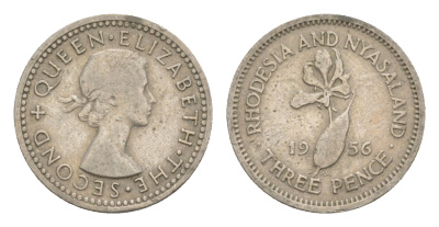 Родезия и Ньясаленд 3 пенса 1956 Елизавета II (1952-2022), цветок глориоза KM  3 медно-никель    4640-917