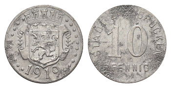 Цвайбрюккен 10 пфеннигов 1919 Funck 630.2, Men05 28182.3, Men18 35439.3 железо 4708-963