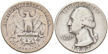 США 25 центов = квотер = 1/4 доллара 1947 Джордж Вашингтон KM 164 серебро 190-1243