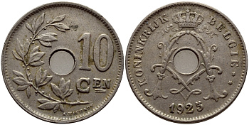 БЕЛЬГИЯ 10 САНТИМОВ 1923 BELGIE KM 86 медно-никель 23-1417