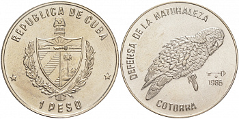 Куба 1 песо 1985 серия природный заповедник, попугай KM 183 медно-никель UNC M35-17