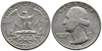 США 25 центов (квотер) 1967 Вашингтон КМ 164а медь плакированная медно-никелем 56-1234