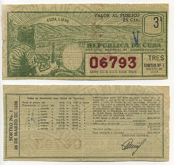 КУБА ЛОТЕРЕЙНЫЙ БИЛЕТ 1959 ПЕРВАЯ ЛОТЕРЕЯ 25 МАРТА 1959 ГОДА, НОМИНАЛ 25 СЕНТИМО бумага 504-92-3