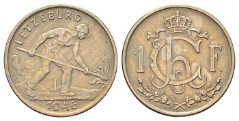 Люксембург 1 франк 1946 Шарлотта, сталевар (1919-1964) KM 46.1 медно-никель 4646-1247