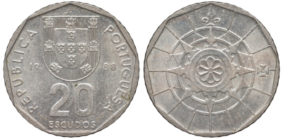 Португалия 20 эскудо 1988 KM 634 медно-никель 4142-1233