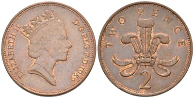 Великобритания 2 пенса 1989 Елизавета II (1952-2022) KM 936, Spink 4376 (C3) бронза 4577-512