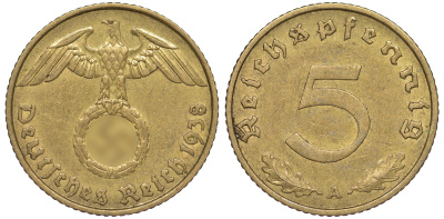 Германия 5 рейхспфеннигов 1938 A KM 91, J. 363 алюминиевая бронза 4602-1254