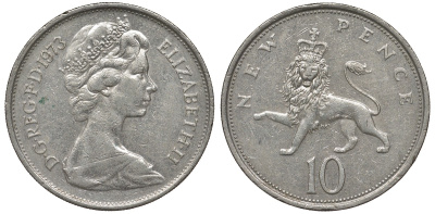 Великобритания 10 пенсов 1973 Елизавета II (1952-2022) KM 912, Spink 4231 (F1) медно-никель 4131-335