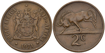 ЮАР 2 цента 1971 герб, антилопа гну KM 83 бронза 67-331