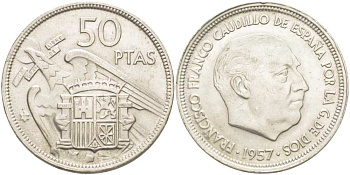 ИСПАНИЯ 50 ПЕСЕТ 1957 (59) ФРАНСИСКО ФРАНКО ДИКТАТОР ИСПАНИИ (1939-1975) KM 788 медно-никель UNC 4517-234