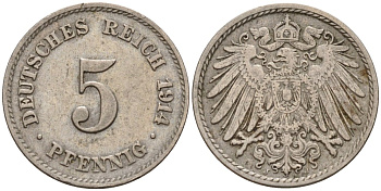Германия 5 пфеннигов 1914 J KM 11, J. 12 медно-никель 4151-554
