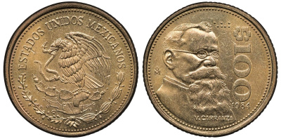Мексика 100 песо 1984 Мо, Венустиано Карранса де ла Гарса KM 493 алюминиевая бронза 4367-1126