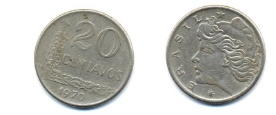 Бразилия 20 сентаво 1970 голова Свободы влево KM 579.2, Schon 84a медно-никель 51-4711