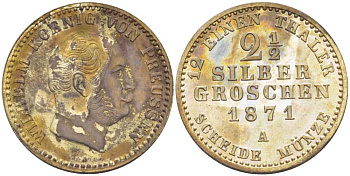 ПРУССИЯ 2 1/2 ГРОША 1871 А, ВИЛЬГЕЛЬМ I (1861-1888) KM 486 серебро UNC 4448-1224