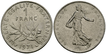 Франция 1 франк 1971 сеятель KM 925 никель 4135-831
