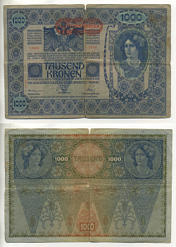 АВСТРИЯ 1000 КРОН 1919 КРАСНАЯ ГОРИЗОНТАЛЬНАЯ НАДПЕЧАТКА НА 1902 Pick 60 бумага 6299-36-2