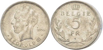 Бельгия 5 франков 1936 Леопольд III (1934-1951), Belgie KM 109 никель 3851-522