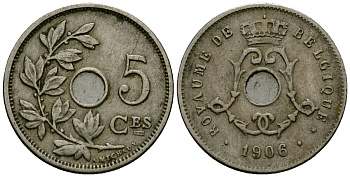 Бельгия 5 сантимов 1906 Belgique KM 54 медно-никель 4173-419