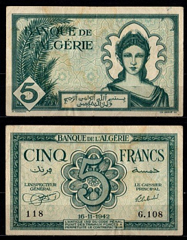 Алжир 5 франков 1942 Pick 91 бумага 7217-16-3-1