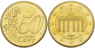 ГЕРМАНИЯ 50 ЕВРОЦЕНТОВ 2002 А KM 212 латунь UNC 210-545