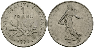 Франция 1 франк 1971 сеятель KM 925 никель 4135-831