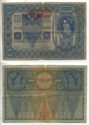 АВСТРИЯ 1000 КРОН 1919 КРАСНАЯ ГОРИЗОНТАЛЬНАЯ НАДПЕЧАТКА НА 1902 Pick 60 бумага 6299-36-2