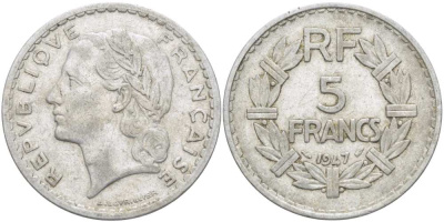 ФРАНЦИЯ 5 ФРАНКОВ 1947 ТИП LAVRILLIER, OPEN 9 KM 888b.1, LE FRANC 339.9 алюминий 215-531