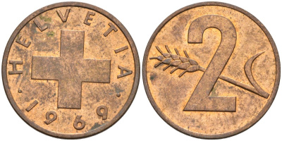 Швейцария 2 раппена 1969 KM 47 бронза 4541-223