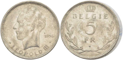 Бельгия 5 франков 1936 Леопольд III (1934-1951), Belgie KM 109 никель 3851-522
