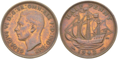 Великобритания 1/2 пенни 1942 Георг VI (1936-1952) KM 844, Spink 4115 бронза 4538-817