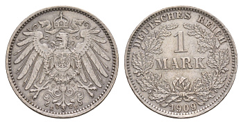Германия 1 марка 1909 E, редкий монетный двор Weege 18, J. 17, KM 14 серебро 1518-922