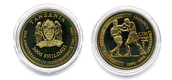Танзания 2000 шиллингов 1996 XXVI Олимпийские игры 1996 года в Атланте, 100 лет Олимпийскому движению, боксеры, пробник, гладкий гурт латунь PROOF 06-157-13