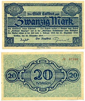 КОТБУС 20 марок 1919 20 ноября 1918 - 31 декабря 1919, нотгельд, земля БрандЕНБУРГ Geiger 085.03 бумага 2193-32-1-2