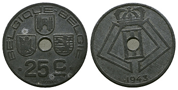 Бельгия 25 сантимов 1943 Belgique - Belgie, немецкая оккупация KM 131 цинк 259-955