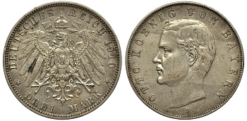 Бавария 3 марки 1910 Отто (1886-1913) Weege 45, J. 47, KM 515 серебро 413-1221