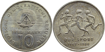 ГДР 10 марок 1988 A, 40 лет союзу физкультуры и спорта ГДР KM 125, J. 1623 медно-никель UNC 4394-1233