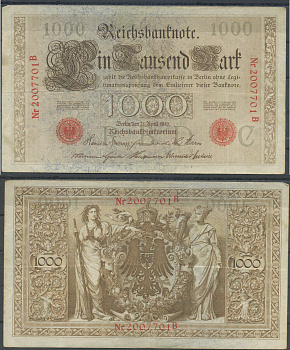 Германия 1000 марок 1910 7 значный номер Pick 44 b бумага 6287-5-2-1