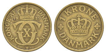 Дания 1 крона 1925 HCN, Кристиан X (1912-1947) KM 824 алюминиевая бронза 4657-332