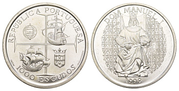 Португалия 1000 эскудо 1998 Король Мануэл I KM 713 серебро BU 1088-4-13