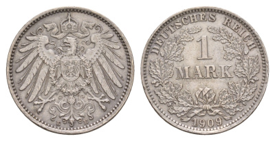 Германия 1 марка 1909 E, редкий монетный двор Weege 18, J. 17, KM 14 серебро 1518-922
