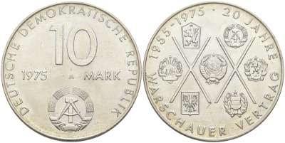 ГДР 10 марок 1975 А, 20 лет Варшавскому договору KM 58, J. 1557 медно-никель aUNC 4111-312