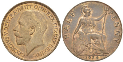 Великобритания 1/2 пенни 1924 Георг V (1910-1936) KM 809, Spink 4056 бронза 4514-854