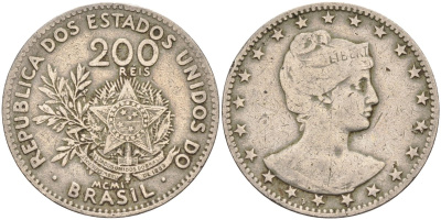 Бразилия 200 рейс 1901 голова свободы вправо KM 504 медно-никель 4589-1122