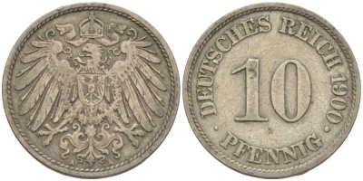 Германия 10 пфеннигов 1900 A KM 12, J. 13 медно-никель 4401-1146