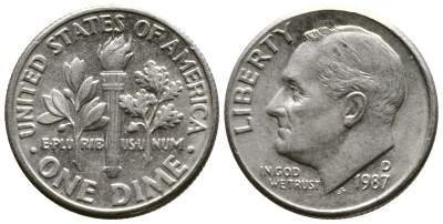США 10 ЦЕНТОВ = 1 ДАЙМ 1987 D, РУЗВЕЛЬТ KM 195а медь плакированная медно-никелем 57-1238