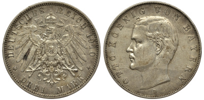 Бавария 3 марки 1910 Отто (1886-1913) Weege 45, J. 47, KM 515 серебро 413-1221