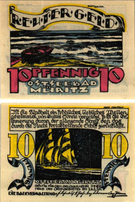 МЮРИЦ 10 ПФЕННИГОВ 1922 НОТГЕЛЬД, 28 ФЕВРАЛЯ 1922, ЗЕМЛЯ МЕКЛЕНБУРГ, ПЕРЕДНЯЯ ПОМЕРАНИЯ Grabowski 920.1 бумага 6318-42-3-2