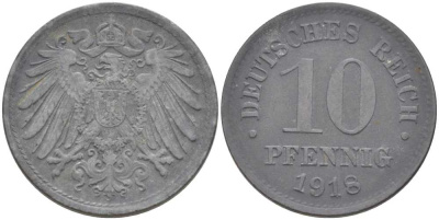 ГЕРМАНИЯ 10 ПФЕННИНГОВ 1918 KM 26, J.299, Weege 8 цинк 202-212