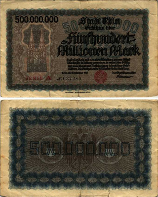 КЁЛЬН 500000000 МАРОК 1923 20 СЕНТЯБРЯ 1923, СЕРИЯ А, НОТГЕЛЬД бумага 8564-33-2