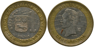Венесуэла 1 боливар 2007 KM 93, Schon 106 биметалл 4529-157